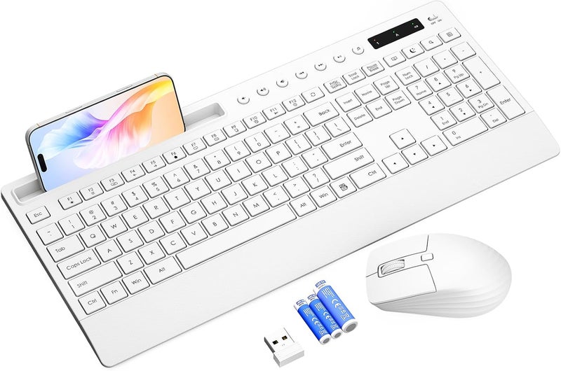 Trueque White Wireless Keyboard and Mouse Combo - Full-Size Quiet Keyboards with Palm Rest, Phone Holder, Multimedia Keys, Batteries Included, Office Key Board Compatible with Windows, PC, Laptop - - Image 1